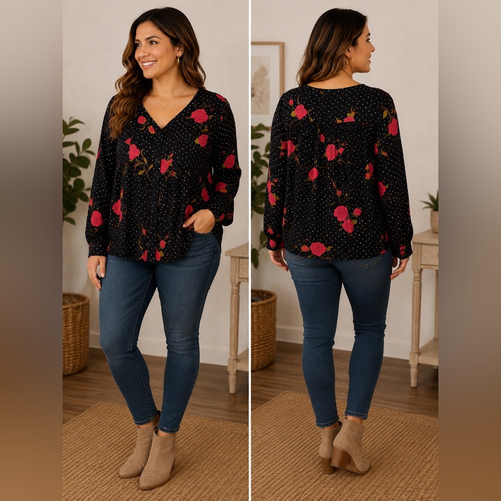 Volcom Black Blouse with Red Rose Print
